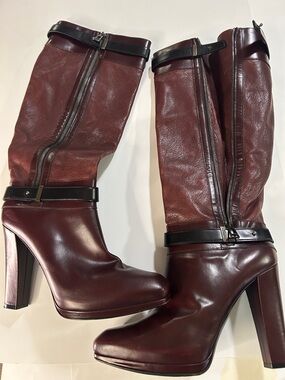 Belstaff Burgundy Tall Leather Platform Heeled Boots